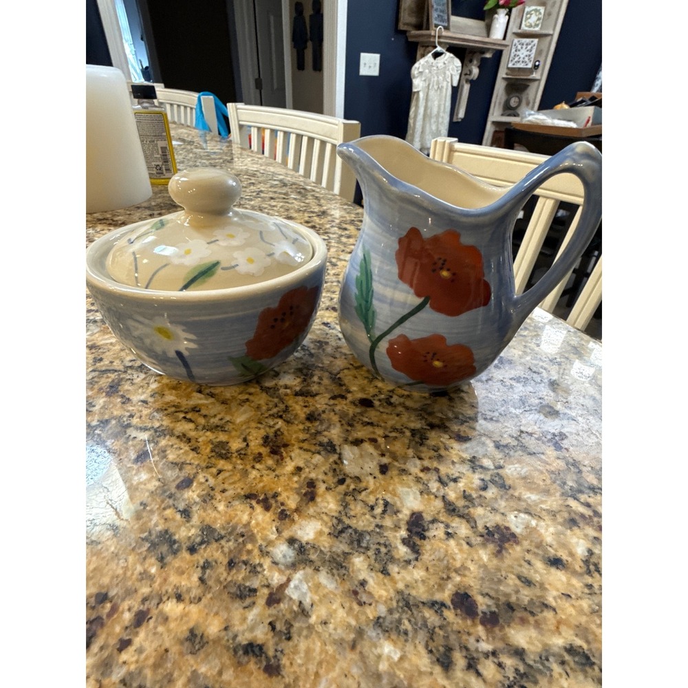 Vintage 1996 Heartstone Painted Floral Ceramic Creamer and Lidded Sugar Bowl Set